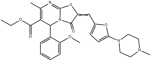 ethyl 5-(2-methoxyphenyl)-7-methyl-2-{[5-(4-methyl-1-piperazinyl)-2-furyl]methylene}-3-oxo-2,3-dihydro-5H-[1,3]thiazolo[3,2-a]pyrimidine-6-carboxylate 结构式