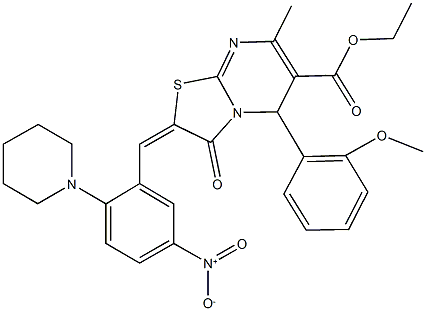 ethyl 2-[5-nitro-2-(1-piperidinyl)benzylidene]-5-(2-methoxyphenyl)-7-methyl-3-oxo-2,3-dihydro-5H-[1,3]thiazolo[3,2-a]pyrimidine-6-carboxylate 结构式