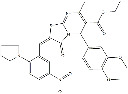 ethyl 5-(3,4-dimethoxyphenyl)-2-[5-nitro-2-(1-pyrrolidinyl)benzylidene]-7-methyl-3-oxo-2,3-dihydro-5H-[1,3]thiazolo[3,2-a]pyrimidine-6-carboxylate 结构式