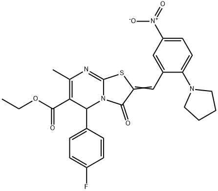 ethyl 5-(4-fluorophenyl)-2-[5-nitro-2-(1-pyrrolidinyl)benzylidene]-7-methyl-3-oxo-2,3-dihydro-5H-[1,3]thiazolo[3,2-a]pyrimidine-6-carboxylate 结构式