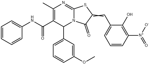 2-{2-hydroxy-3-nitrobenzylidene}-5-(3-methoxyphenyl)-7-methyl-3-oxo-N-phenyl-2,3-dihydro-5H-[1,3]thiazolo[3,2-a]pyrimidine-6-carboxamide 结构式