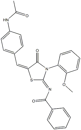 N-[5-[4-(acetylamino)benzylidene]-3-(2-methoxyphenyl)-4-oxo-1,3-thiazolidin-2-ylidene]benzamide 结构式