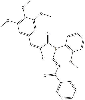 N-[3-(2-methoxyphenyl)-4-oxo-5-(3,4,5-trimethoxybenzylidene)-1,3-thiazolidin-2-ylidene]benzamide 结构式