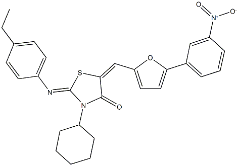 3-cyclohexyl-2-[(4-ethylphenyl)imino]-5-[(5-{3-nitrophenyl}-2-furyl)methylene]-1,3-thiazolidin-4-one 结构式