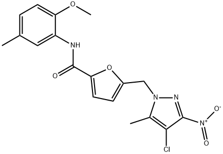 5-({4-chloro-3-nitro-5-methyl-1H-pyrazol-1-yl}methyl)-N-(2-methoxy-5-methylphenyl)-2-furamide 结构式