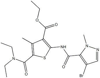 ethyl 2-{[(4-bromo-1-methyl-1H-pyrazol-5-yl)carbonyl]amino}-5-[(diethylamino)carbonyl]-4-methyl-3-thiophenecarboxylate 结构式