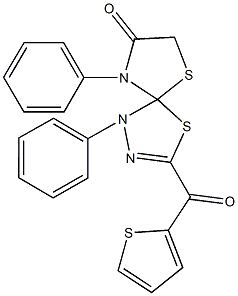 1,9-diphenyl-3-(2-thienylcarbonyl)-4,6-dithia-1,2,9-triazaspiro[4.4]non-2-en-8-one 结构式