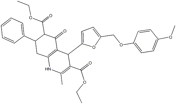 diethyl 4-{5-[(4-methoxyphenoxy)methyl]-2-furyl}-2-methyl-5-oxo-7-phenyl-1,4,5,6,7,8-hexahydro-3,6-quinolinedicarboxylate 结构式