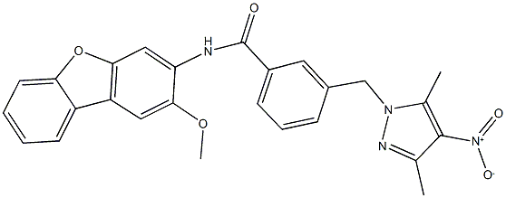 3-({4-nitro-3,5-dimethyl-1H-pyrazol-1-yl}methyl)-N-(2-methoxydibenzo[b,d]furan-3-yl)benzamide 结构式