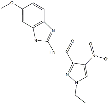 1-ethyl-4-nitro-N-(6-methoxy-1,3-benzothiazol-2-yl)-1H-pyrazole-3-carboxamide 结构式