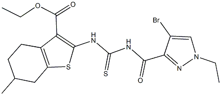 ethyl 2-[({[(4-bromo-1-ethyl-1H-pyrazol-3-yl)carbonyl]amino}carbothioyl)amino]-6-methyl-4,5,6,7-tetrahydro-1-benzothiophene-3-carboxylate 结构式