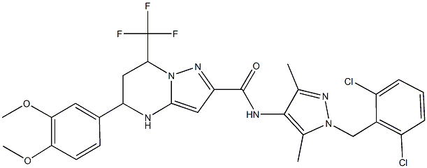 N-[1-(2,6-dichlorobenzyl)-3,5-dimethyl-1H-pyrazol-4-yl]-5-(3,4-dimethoxyphenyl)-7-(trifluoromethyl)-4,5,6,7-tetrahydropyrazolo[1,5-a]pyrimidine-2-carboxamide 结构式