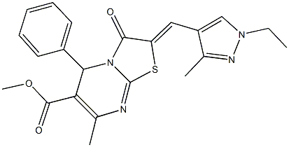 methyl 2-[(1-ethyl-3-methyl-1H-pyrazol-4-yl)methylene]-7-methyl-3-oxo-5-phenyl-2,3-dihydro-5H-[1,3]thiazolo[3,2-a]pyrimidine-6-carboxylate 结构式