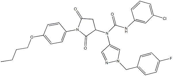 N-[1-(4-butoxyphenyl)-2,5-dioxo-3-pyrrolidinyl]-N'-(3-chlorophenyl)-N-[1-(4-fluorobenzyl)-1H-pyrazol-4-yl]urea 结构式