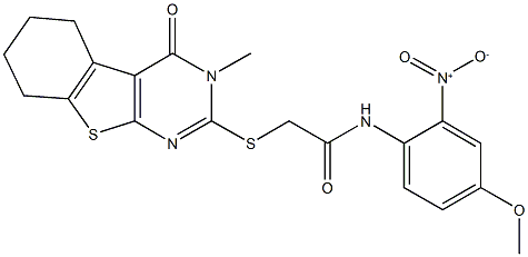 N-[2-nitro-4-(methyloxy)phenyl]-2-[(3-methyl-4-oxo-3,4,5,6,7,8-hexahydro[1]benzothieno[2,3-d]pyrimidin-2-yl)sulfanyl]acetamide 结构式