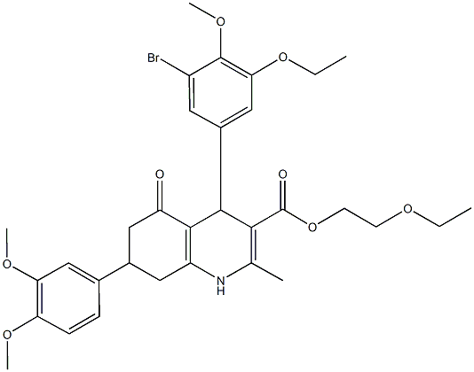 2-ethoxyethyl 4-(3-bromo-5-ethoxy-4-methoxyphenyl)-7-(3,4-dimethoxyphenyl)-2-methyl-5-oxo-1,4,5,6,7,8-hexahydro-3-quinolinecarboxylate 结构式