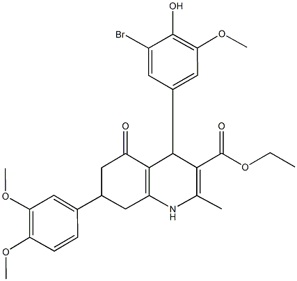 ethyl 4-(3-bromo-4-hydroxy-5-methoxyphenyl)-7-(3,4-dimethoxyphenyl)-2-methyl-5-oxo-1,4,5,6,7,8-hexahydro-3-quinolinecarboxylate 结构式