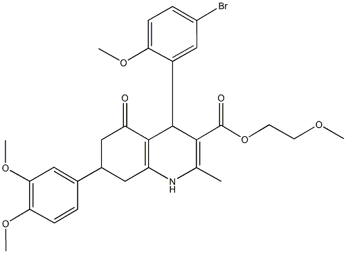 2-methoxyethyl 4-(5-bromo-2-methoxyphenyl)-7-(3,4-dimethoxyphenyl)-2-methyl-5-oxo-1,4,5,6,7,8-hexahydro-3-quinolinecarboxylate 结构式