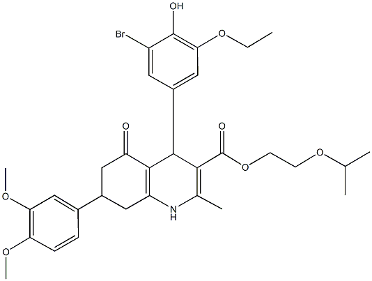 2-isopropoxyethyl 4-(3-bromo-5-ethoxy-4-hydroxyphenyl)-7-(3,4-dimethoxyphenyl)-2-methyl-5-oxo-1,4,5,6,7,8-hexahydro-3-quinolinecarboxylate 结构式