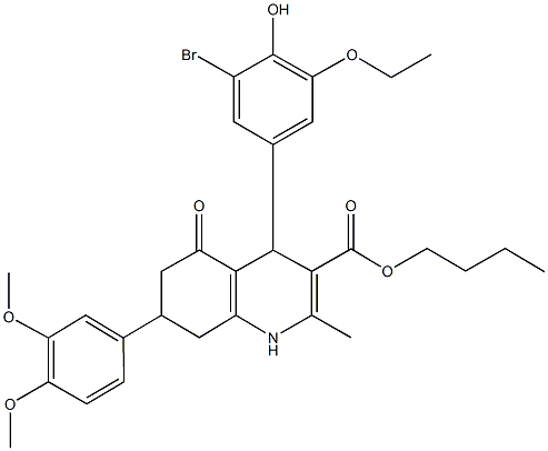 butyl 4-(3-bromo-5-ethoxy-4-hydroxyphenyl)-7-(3,4-dimethoxyphenyl)-2-methyl-5-oxo-1,4,5,6,7,8-hexahydro-3-quinolinecarboxylate 结构式