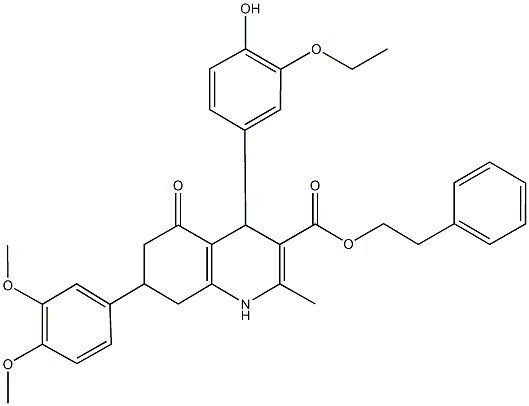 2-phenylethyl 7-(3,4-dimethoxyphenyl)-4-(3-ethoxy-4-hydroxyphenyl)-2-methyl-5-oxo-1,4,5,6,7,8-hexahydro-3-quinolinecarboxylate 结构式
