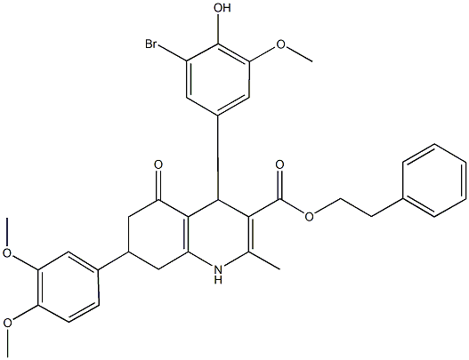 2-phenylethyl 4-(3-bromo-4-hydroxy-5-methoxyphenyl)-7-(3,4-dimethoxyphenyl)-2-methyl-5-oxo-1,4,5,6,7,8-hexahydro-3-quinolinecarboxylate 结构式