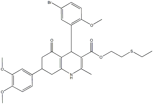2-(ethylsulfanyl)ethyl 4-(5-bromo-2-methoxyphenyl)-7-(3,4-dimethoxyphenyl)-2-methyl-5-oxo-1,4,5,6,7,8-hexahydro-3-quinolinecarboxylate 结构式
