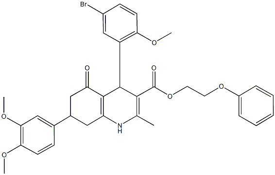 2-phenoxyethyl 4-(5-bromo-2-methoxyphenyl)-7-(3,4-dimethoxyphenyl)-2-methyl-5-oxo-1,4,5,6,7,8-hexahydro-3-quinolinecarboxylate 结构式