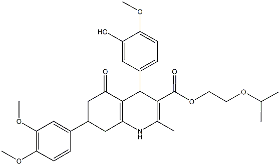 2-isopropoxyethyl 7-(3,4-dimethoxyphenyl)-4-(3-hydroxy-4-methoxyphenyl)-2-methyl-5-oxo-1,4,5,6,7,8-hexahydro-3-quinolinecarboxylate 结构式