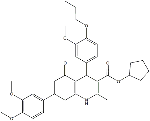cyclopentyl 7-(3,4-dimethoxyphenyl)-4-(3-methoxy-4-propoxyphenyl)-2-methyl-5-oxo-1,4,5,6,7,8-hexahydro-3-quinolinecarboxylate 结构式