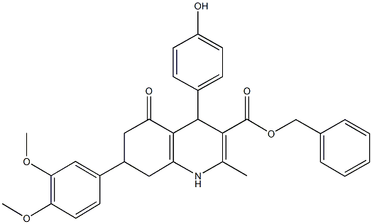 benzyl 7-(3,4-dimethoxyphenyl)-4-(4-hydroxyphenyl)-2-methyl-5-oxo-1,4,5,6,7,8-hexahydro-3-quinolinecarboxylate 结构式