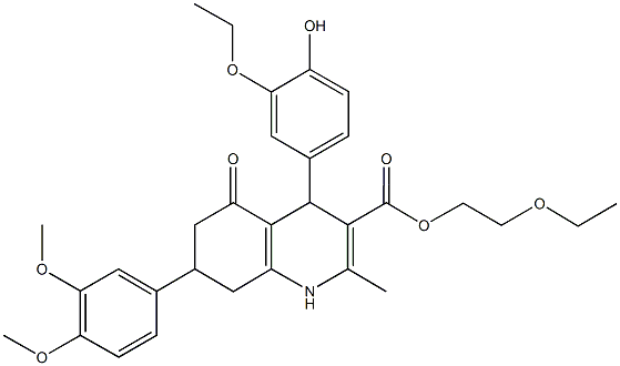 2-ethoxyethyl 7-(3,4-dimethoxyphenyl)-4-(3-ethoxy-4-hydroxyphenyl)-2-methyl-5-oxo-1,4,5,6,7,8-hexahydro-3-quinolinecarboxylate 结构式