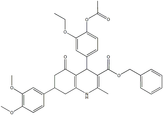 benzyl 4-[4-(acetyloxy)-3-ethoxyphenyl]-7-(3,4-dimethoxyphenyl)-2-methyl-5-oxo-1,4,5,6,7,8-hexahydro-3-quinolinecarboxylate 结构式