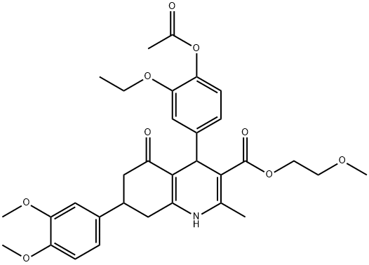 2-methoxyethyl 4-[4-(acetyloxy)-3-ethoxyphenyl]-7-(3,4-dimethoxyphenyl)-2-methyl-5-oxo-1,4,5,6,7,8-hexahydro-3-quinolinecarboxylate 结构式