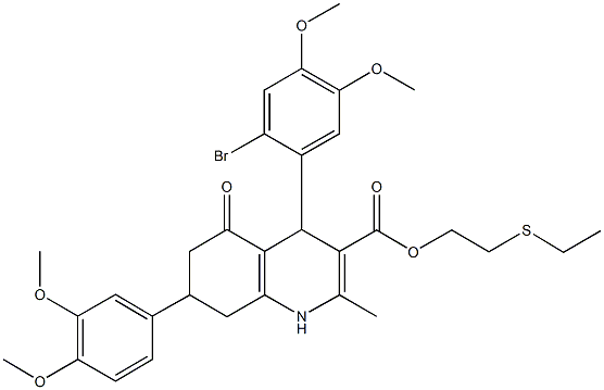 2-(ethylsulfanyl)ethyl 4-(2-bromo-4,5-dimethoxyphenyl)-7-(3,4-dimethoxyphenyl)-2-methyl-5-oxo-1,4,5,6,7,8-hexahydro-3-quinolinecarboxylate 结构式