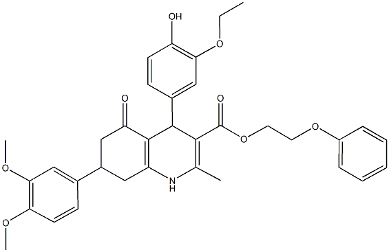 2-phenoxyethyl 7-(3,4-dimethoxyphenyl)-4-(3-ethoxy-4-hydroxyphenyl)-2-methyl-5-oxo-1,4,5,6,7,8-hexahydro-3-quinolinecarboxylate 结构式