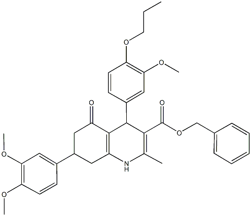 benzyl 7-(3,4-dimethoxyphenyl)-4-(3-methoxy-4-propoxyphenyl)-2-methyl-5-oxo-1,4,5,6,7,8-hexahydro-3-quinolinecarboxylate 结构式