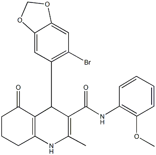 4-(6-bromo-1,3-benzodioxol-5-yl)-N-(2-methoxyphenyl)-2-methyl-5-oxo-1,4,5,6,7,8-hexahydro-3-quinolinecarboxamide 结构式