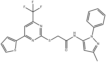 N-(3-methyl-1-phenyl-1H-pyrazol-5-yl)-2-{[4-(2-thienyl)-6-(trifluoromethyl)-2-pyrimidinyl]sulfanyl}acetamide 结构式