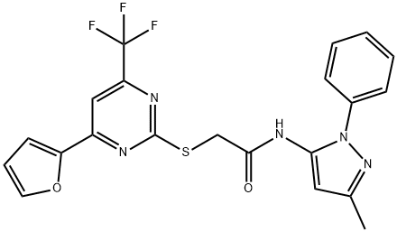 2-{[4-(2-furyl)-6-(trifluoromethyl)-2-pyrimidinyl]sulfanyl}-N-(3-methyl-1-phenyl-1H-pyrazol-5-yl)acetamide 结构式