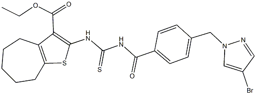 ethyl 2-{[({4-[(4-bromo-1H-pyrazol-1-yl)methyl]benzoyl}amino)carbothioyl]amino}-5,6,7,8-tetrahydro-4H-cyclohepta[b]thiophene-3-carboxylate 结构式