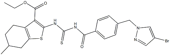 ethyl 2-{[({4-[(4-bromo-1H-pyrazol-1-yl)methyl]benzoyl}amino)carbothioyl]amino}-6-methyl-4,5,6,7-tetrahydro-1-benzothiophene-3-carboxylate 结构式