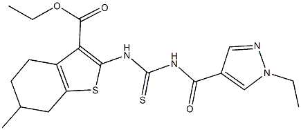 ethyl 2-[({[(1-ethyl-1H-pyrazol-4-yl)carbonyl]amino}carbothioyl)amino]-6-methyl-4,5,6,7-tetrahydro-1-benzothiophene-3-carboxylate 结构式