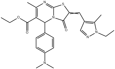 ethyl 5-[4-(dimethylamino)phenyl]-2-[(1-ethyl-5-methyl-1H-pyrazol-4-yl)methylene]-7-methyl-3-oxo-2,3-dihydro-5H-[1,3]thiazolo[3,2-a]pyrimidine-6-carboxylate 结构式