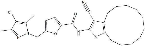 5-[(4-chloro-3,5-dimethyl-1H-pyrazol-1-yl)methyl]-N-(3-cyano-4,5,6,7,8,9,10,11,12,13-decahydrocyclododeca[b]thien-2-yl)-2-furamide 结构式