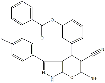 3-[6-amino-5-cyano-3-(4-methylphenyl)-1,4-dihydropyrano[2,3-c]pyrazol-4-yl]phenyl benzoate 结构式