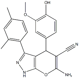 6-amino-3-(2,4-dimethylphenyl)-4-(4-hydroxy-3-methoxyphenyl)-1,4-dihydropyrano[2,3-c]pyrazole-5-carbonitrile 结构式