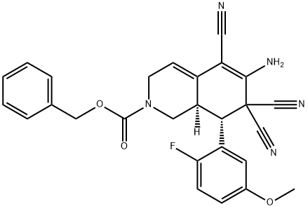 benzyl 6-amino-5,7,7-tricyano-8-(2-fluoro-5-methoxyphenyl)-3,7,8,8a-tetrahydro-2(1H)-isoquinolinecarboxylate 结构式