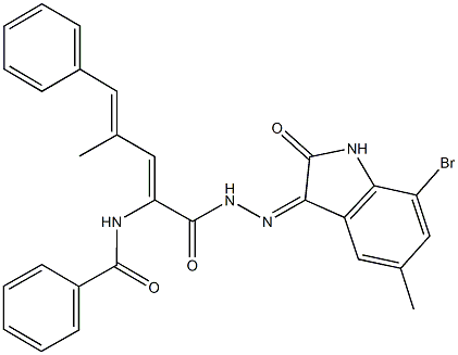 N-(1-{[2-(7-bromo-5-methyl-2-oxo-1,2-dihydro-3H-indol-3-ylidene)hydrazino]carbonyl}-3-methyl-4-phenyl-1,3-butadienyl)benzamide 结构式