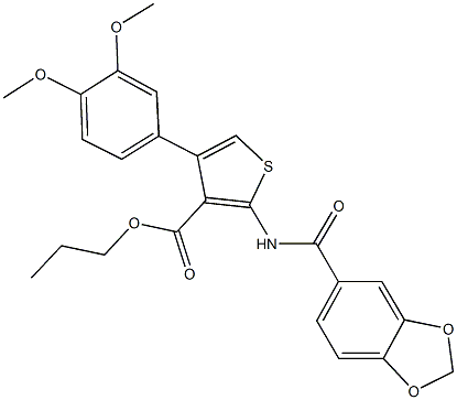 propyl 2-[(1,3-benzodioxol-5-ylcarbonyl)amino]-4-(3,4-dimethoxyphenyl)thiophene-3-carboxylate 结构式